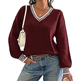 ATHMILE Womens Sweaters V Neck Long Sleeve Contrast Knit Casual Pullover Fall Winter Outfits Cute Tops 2026