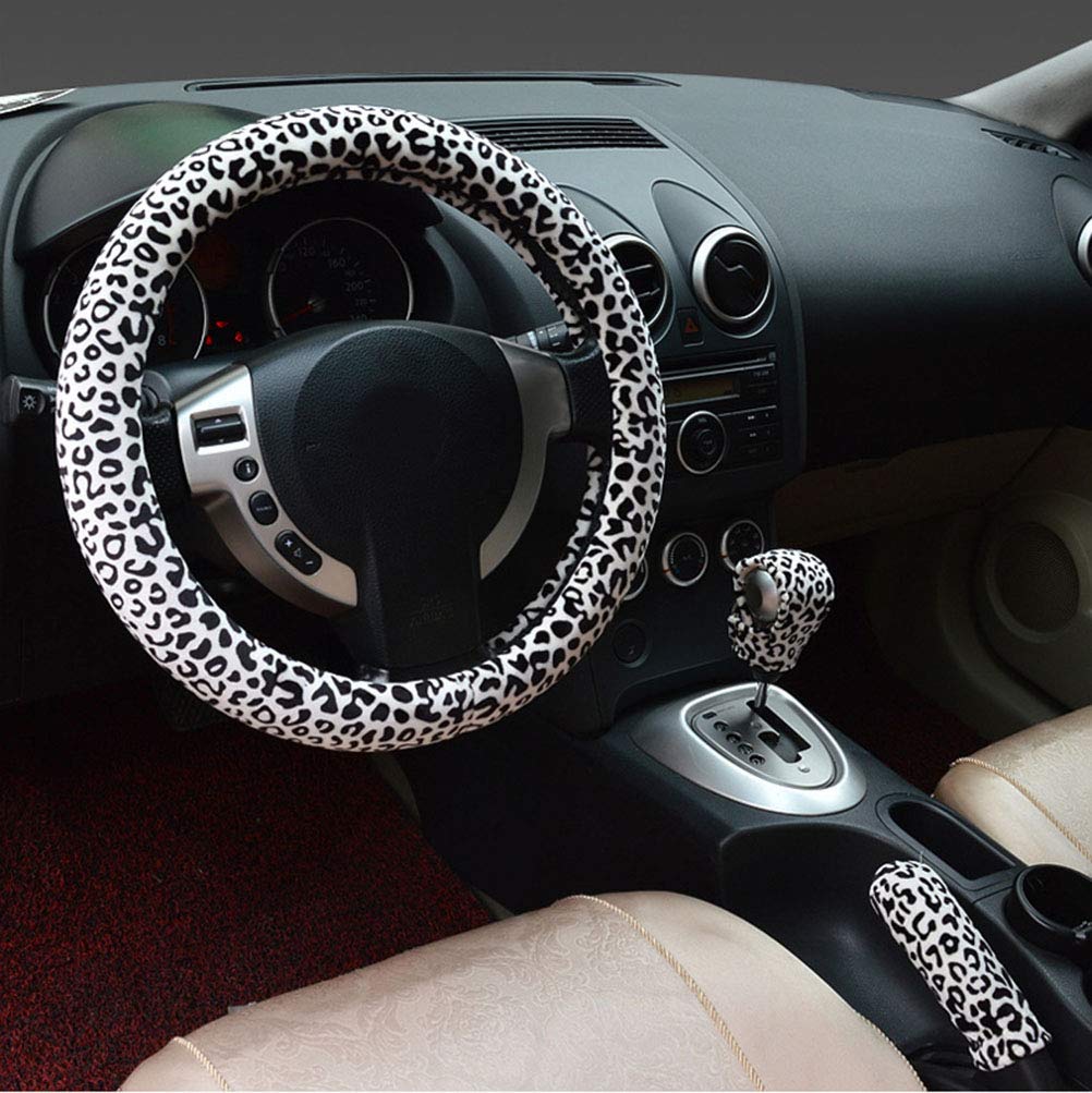 3 in 1 Soft Leopard Car Steering Wheel Cover Handbrake Grip Gear Shift Collar Covers Short Plush Warm Winter for Women (White,Standard)