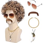 Bettecos 6pcs Set 70s 80s Disco wig with Mustache Glasses Artificial Wolf Necklace Golden Chain Short Curly Hair Afro Mens Wig for 60s Hippies Costume Cosplay Halloween Party (Blonde Mixed Brown)