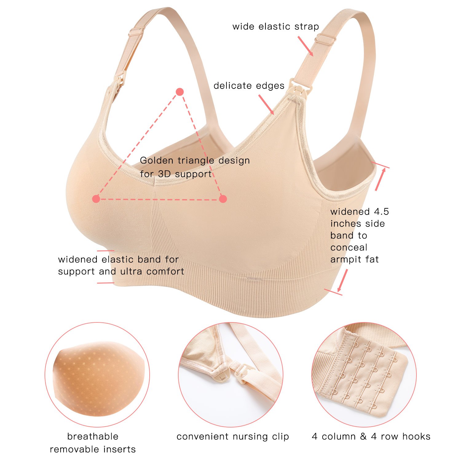 JOYNCLEON Seamless Maternity Nursing Bra for Women Breastfeeding Wireless Sleep Bra Full Cup with Extra Bra Extender (M, Beige)