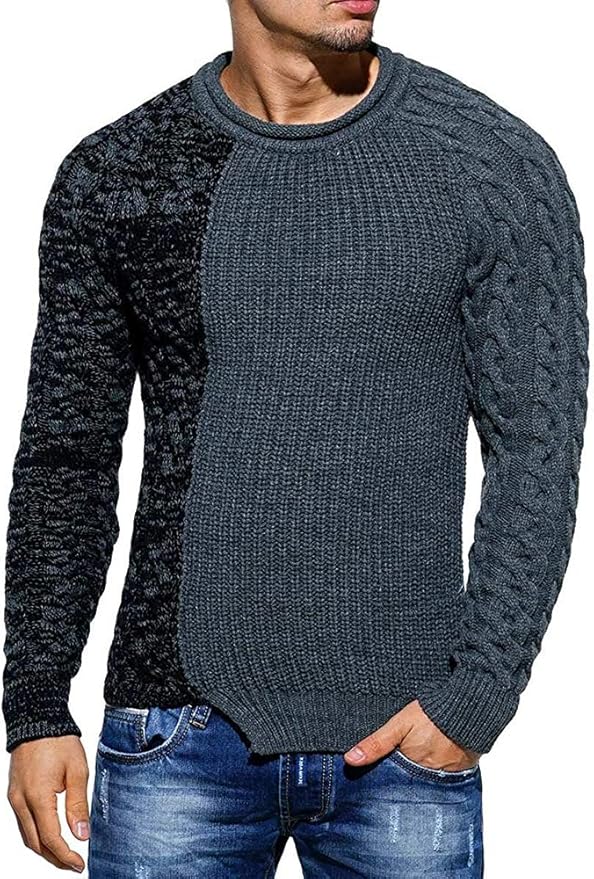 Runcati Mens Color Block Crew Neck Sweater Pullover Cable Fall Winter Casual Knit Ribbed Long