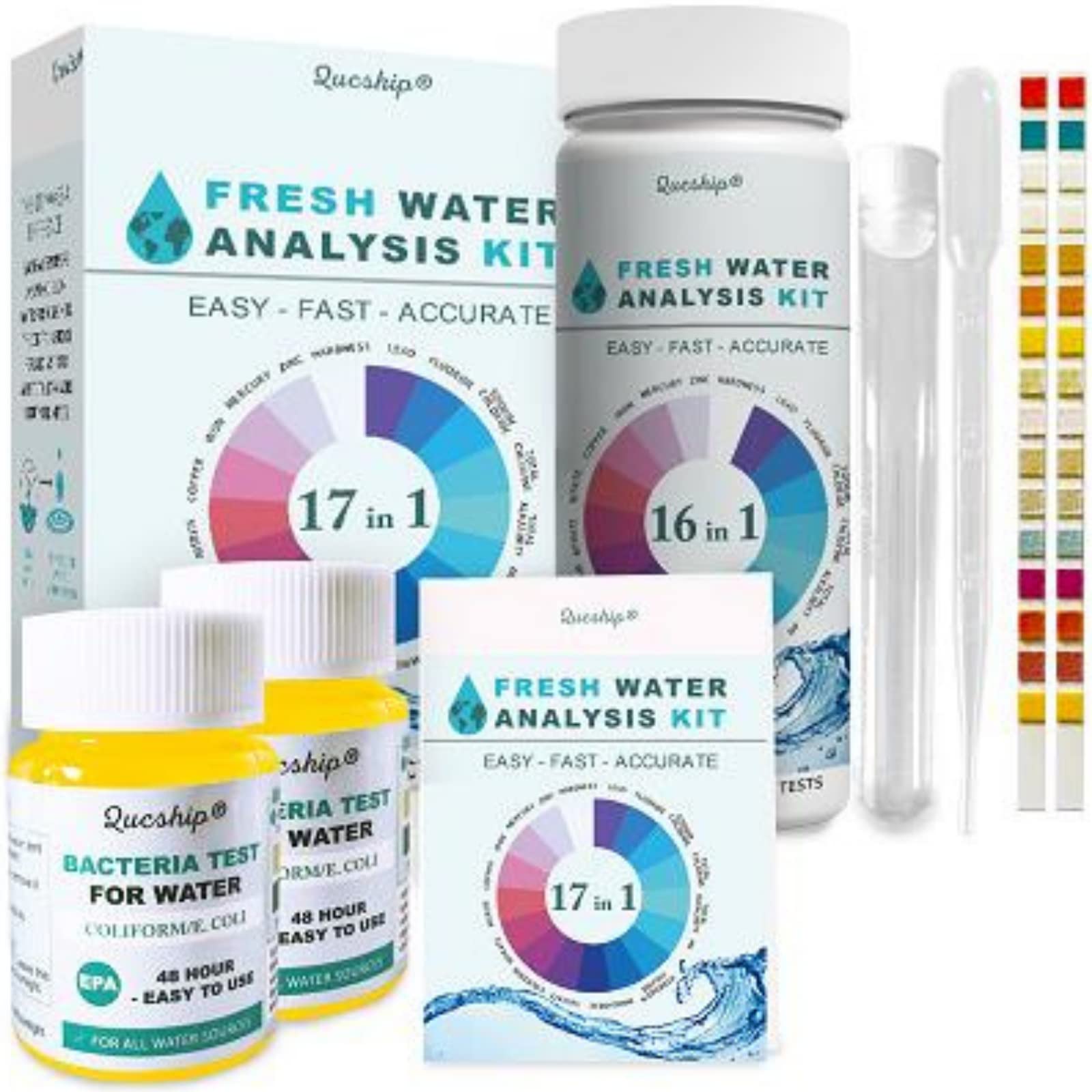 Photo 1 of 17 in 1 Drinking Water Test Kit to Detect Hardness, Lead, E.Coli, Etc. Accurate Water Testing Kits for Drinking Water for Tap and Well Water Tests - by Qucship