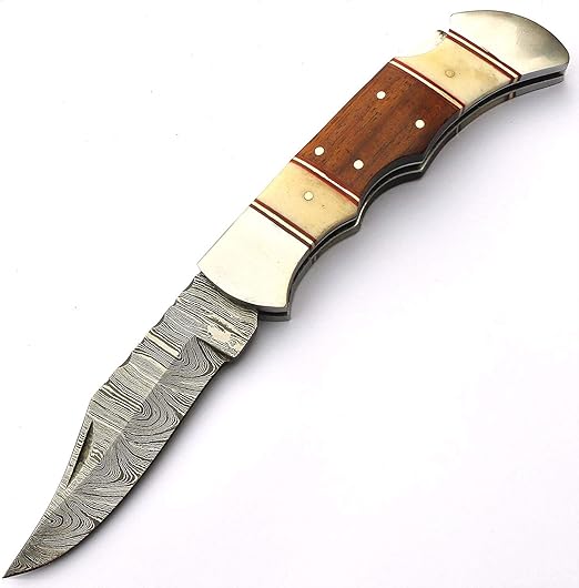 Amazon Com Damascus Steel Back Lock Folding Pocket Knife Comes With Leather Sheath Dw4065 Kitchen Dining