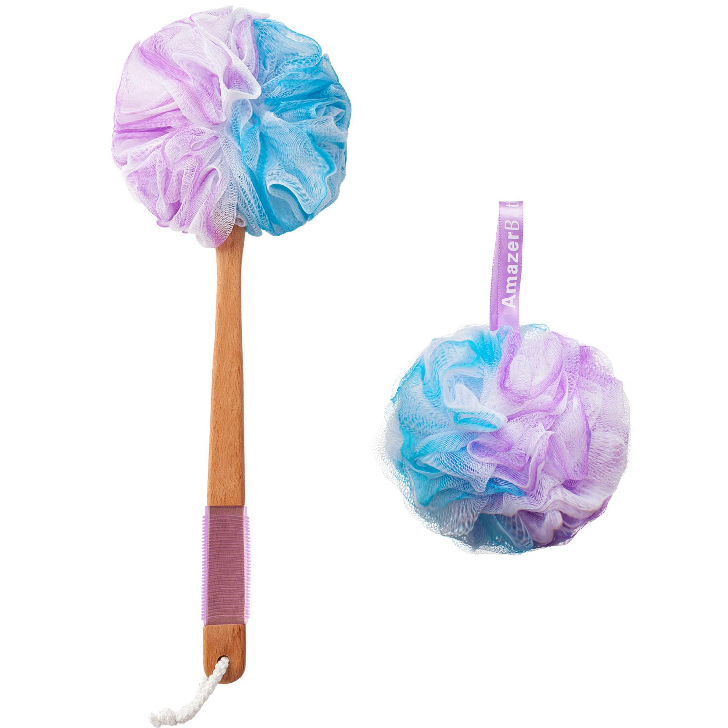 AmazerBath Shower Sponge Loofah Back Scrubber, PE Soft Mesh Loofah Body Scrubber with Long Wooden Handle, Bath Sponge for Men Women (Purple) : Beauty