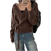 GORGLITTER Women's Wrap Cardigan Sweaters Long Sleeve Tie Drop Shoulder Trendy Knit Cardigan Outfits Old Money Clothes
