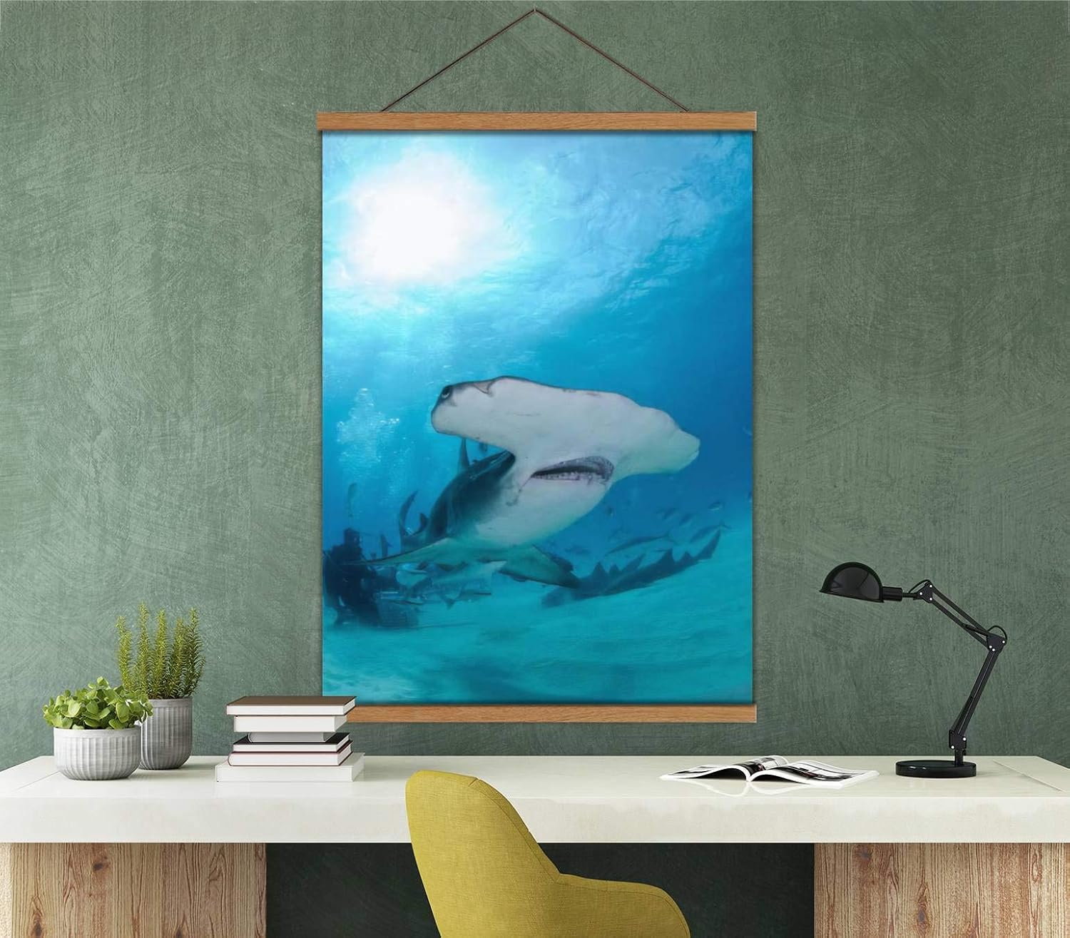 A37mieeooopa Wall Posters with Magnetic Wooden Frame Hammerhead Shark Close up Photo in Bahamas The Underwater World Wall Art Home Decor Hanging Paintings for Living Room 24x 36 inch