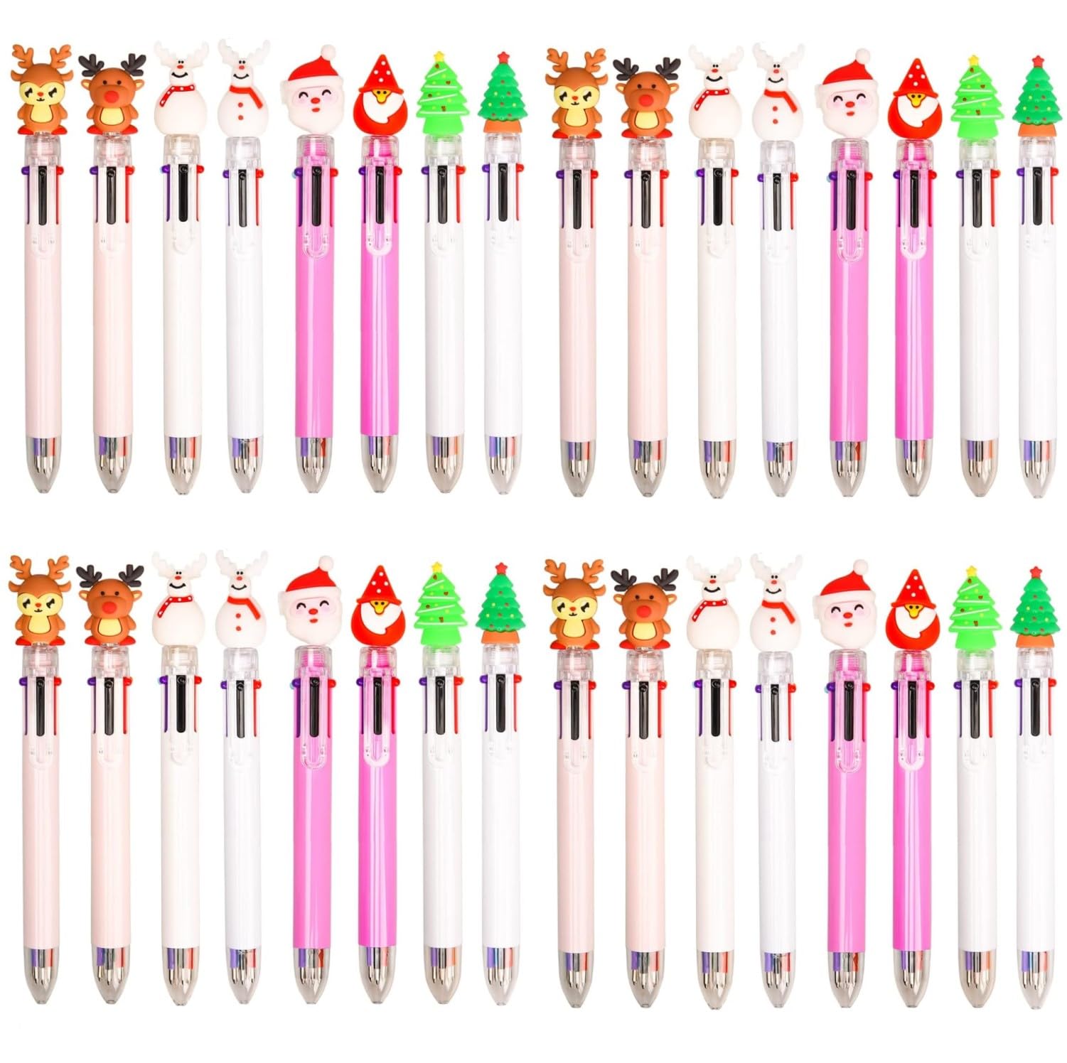 LATERN 32Pcs Christmas Ballpoint Pens, 6-in-1 Multicolor Retractable Shuttle Pen 18CM Christmas Tree Snowman Reindeer Santa Claus Rollerball Pens for Xmas Stocking Box Fillers Party Favors (8 Styles)