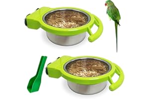 BNOSDM 2 PCS Stainless Steel Bird Bowls Bird Feeding Dish Water Cups Perch Stand Hanging Parakeet Food Container Food and Water Bowls with Spoon for Budgie Cockatoo Finch Lovebirds (Green)