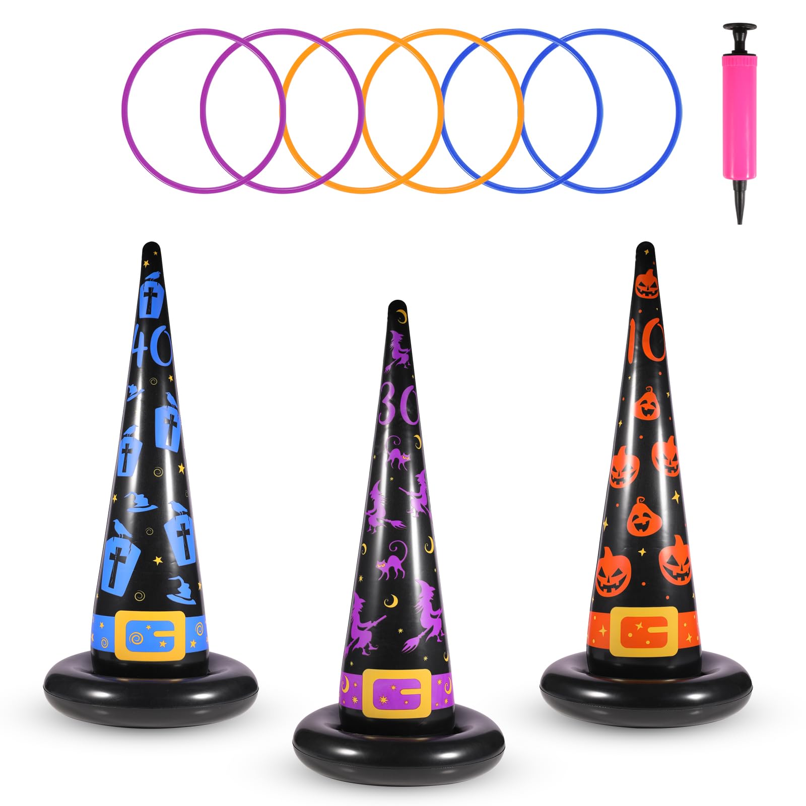 Photo 1 of Halloween Ring Toss Game Set, 3Pcs Inflatable Witch Hats with Colorful Plastic Rings and Air Pump for Halloween Party Games Super Fun Indoor Outdoor Party Supplies