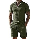 URRU Mens Textured Polo Shirt and Shorts Sets Outfits 2 Piece Summer Tracksuits Casual Quarter Zip Golf Polo Shirts