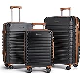LIGHT FLIGHT Luggage Sets, 3 Piece Durable Suitcase Set with Spinner Wheels, 3 Pcs Hardside Lightweight luggage with TSA Lock, Large Checked Travel Suitcases, 20/24/28 Inch,Black/Brown