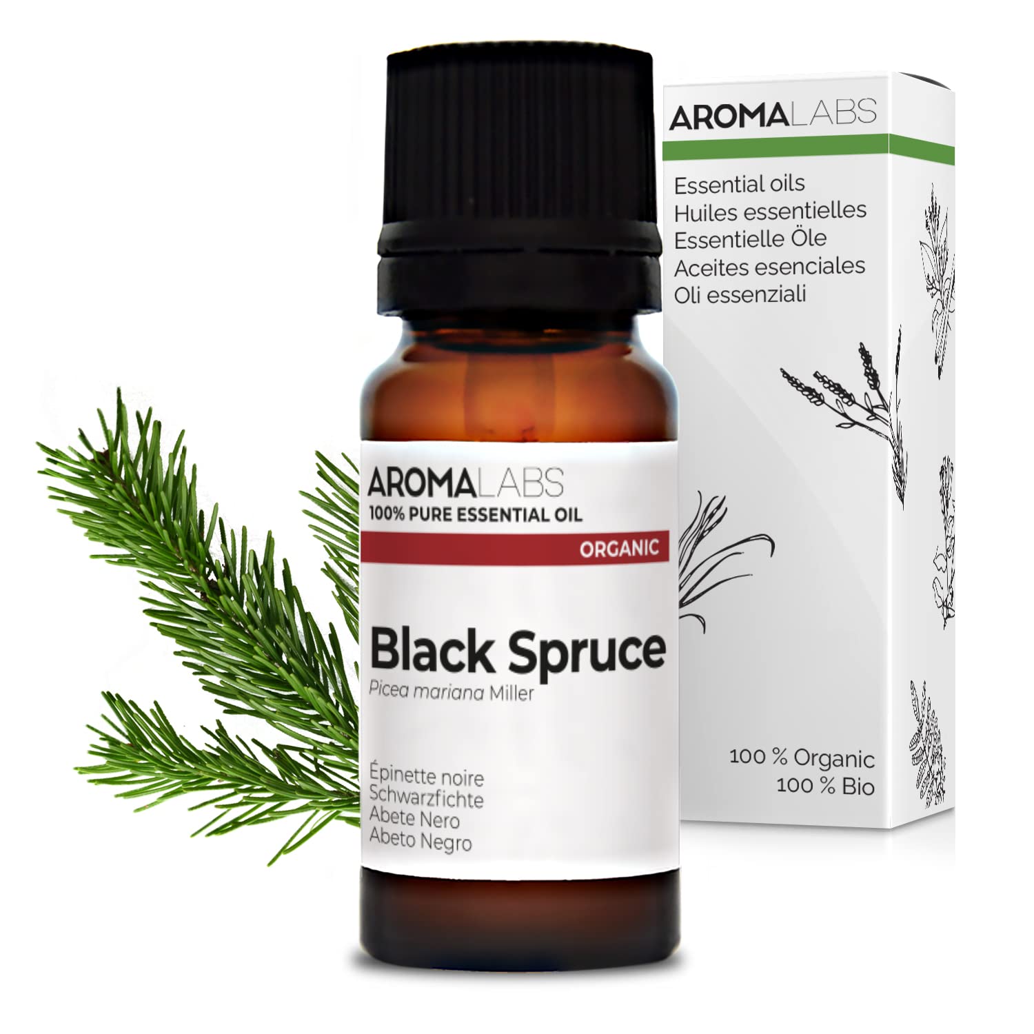 BIO - Black Spruce Essential Oil - 10mL - 100% Pure, Natural, Chemotyped and AB/Cosmos Certified - AROMA LABS (French Brand)