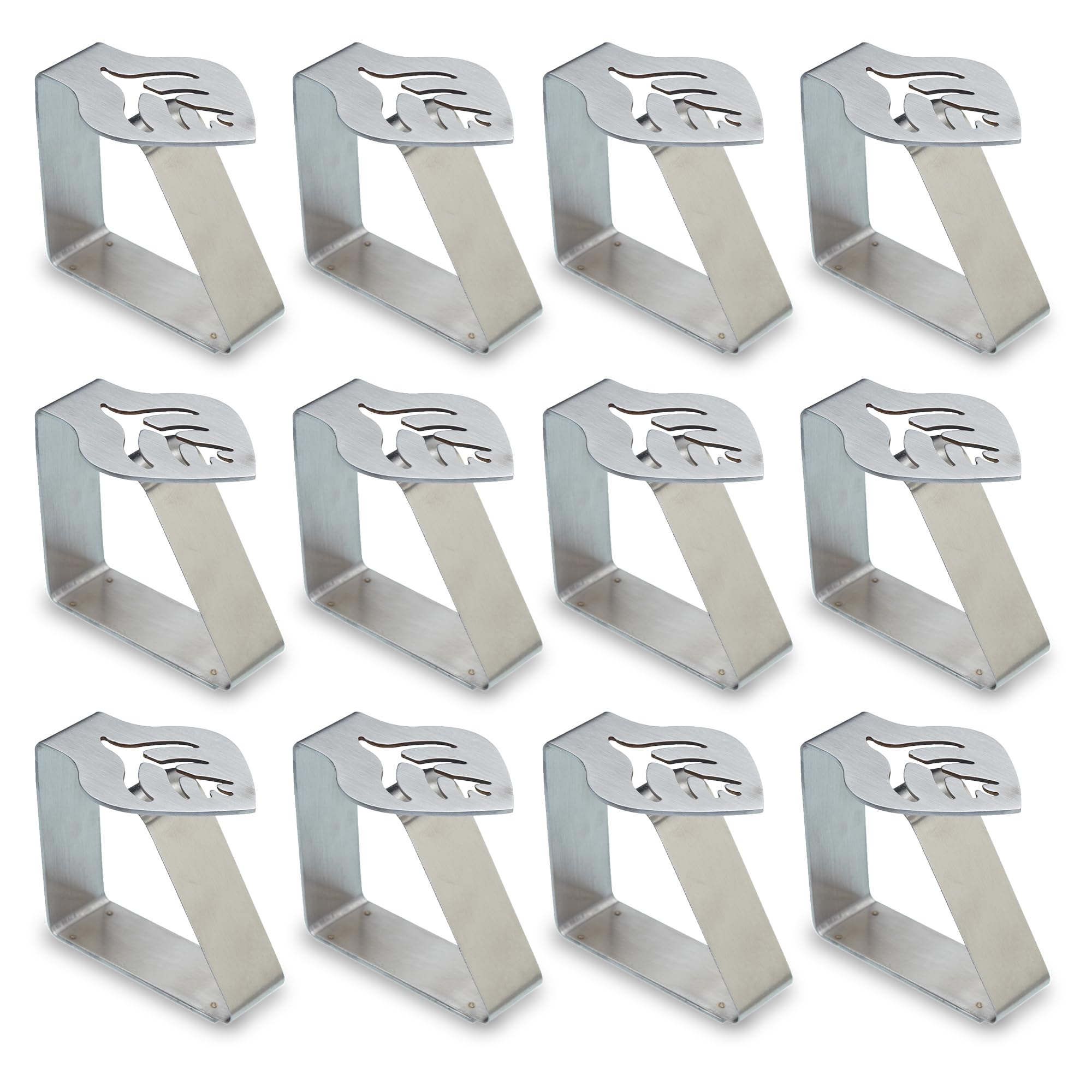 WedDecor Tablecloth Clips – 12 Pack Heavy Duty Stainless Steel Table Cover Clamps for Secure Fit, Indoor & Outdoor, Party, Wedding & Camping Use, Silver, Leaf Design
