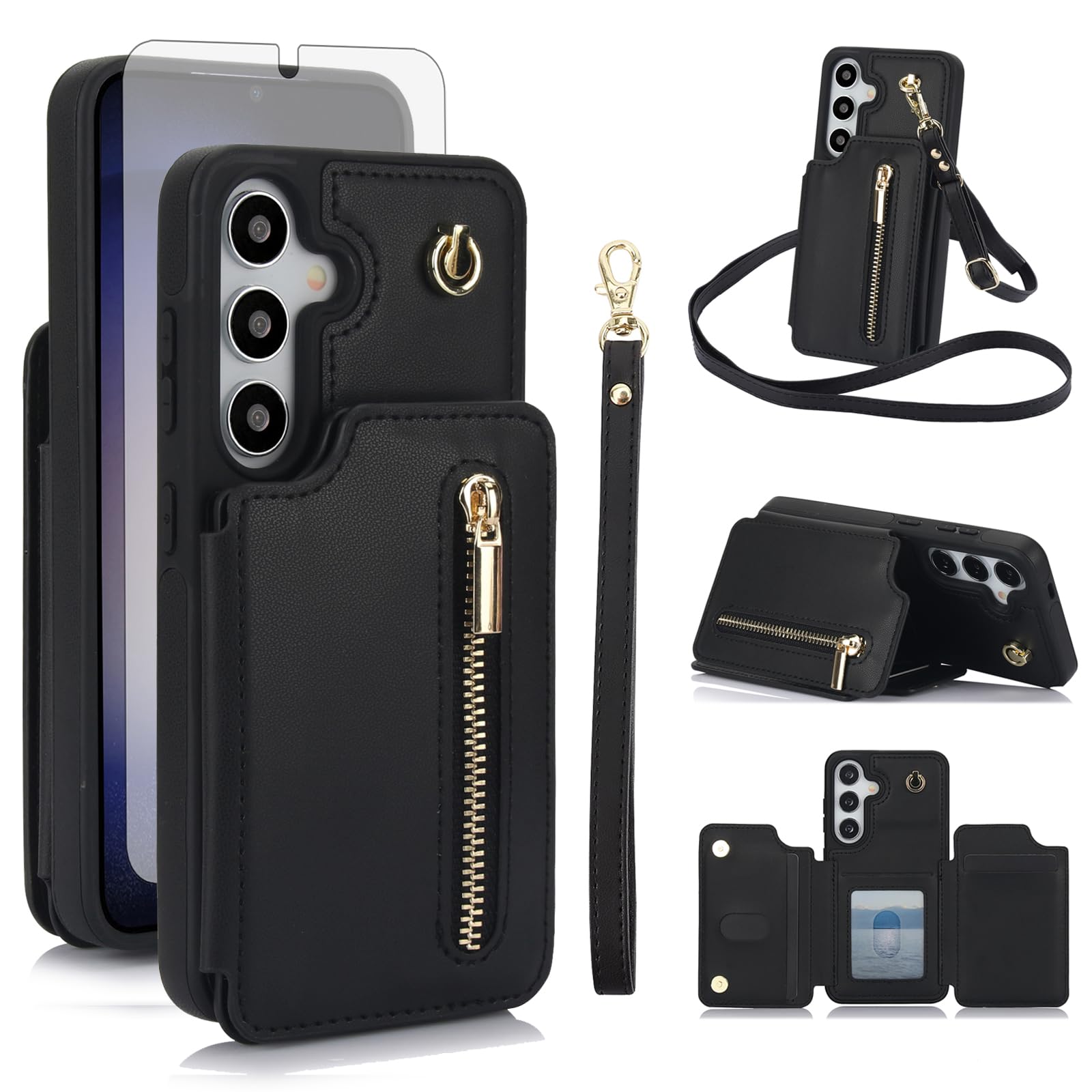 Asuwish Phone Case for Samsung Galaxy S24 FE 5G RFID Wallet Cell Zipper Cover with Tempered Glass Screen Protector Crossbody Strap Credit Card Holder Slot Stand S 24 EF AI S24FE 24S Women Men Black