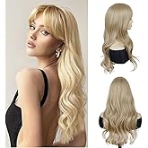 GNIMEGIL 24 Inch Long Blonde Wig With Bangs 24 Inch Long Wavy Wig For Women Bouncy And Shiny Synthetic Blonde Hair Wigs Natural Look Daily Cosplay Party Halloween