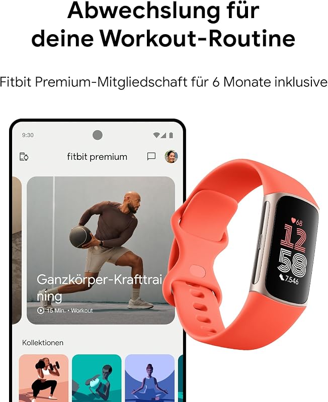 Google Charge 6 Aktivitätstracker enthält eine 3 monatige Google Health Premium Mitgliedschaft, 7 Tage Akkulaufzeit, Google Wallet und Maps, Koralle/Aluminium in Champagne Gold