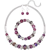 PEARL&CLUB Silver Beaded Statement Necklaces for Women Chunky Bead Necklace Bracelet and Earring Costume Jewelry Sets Gifts for Mom