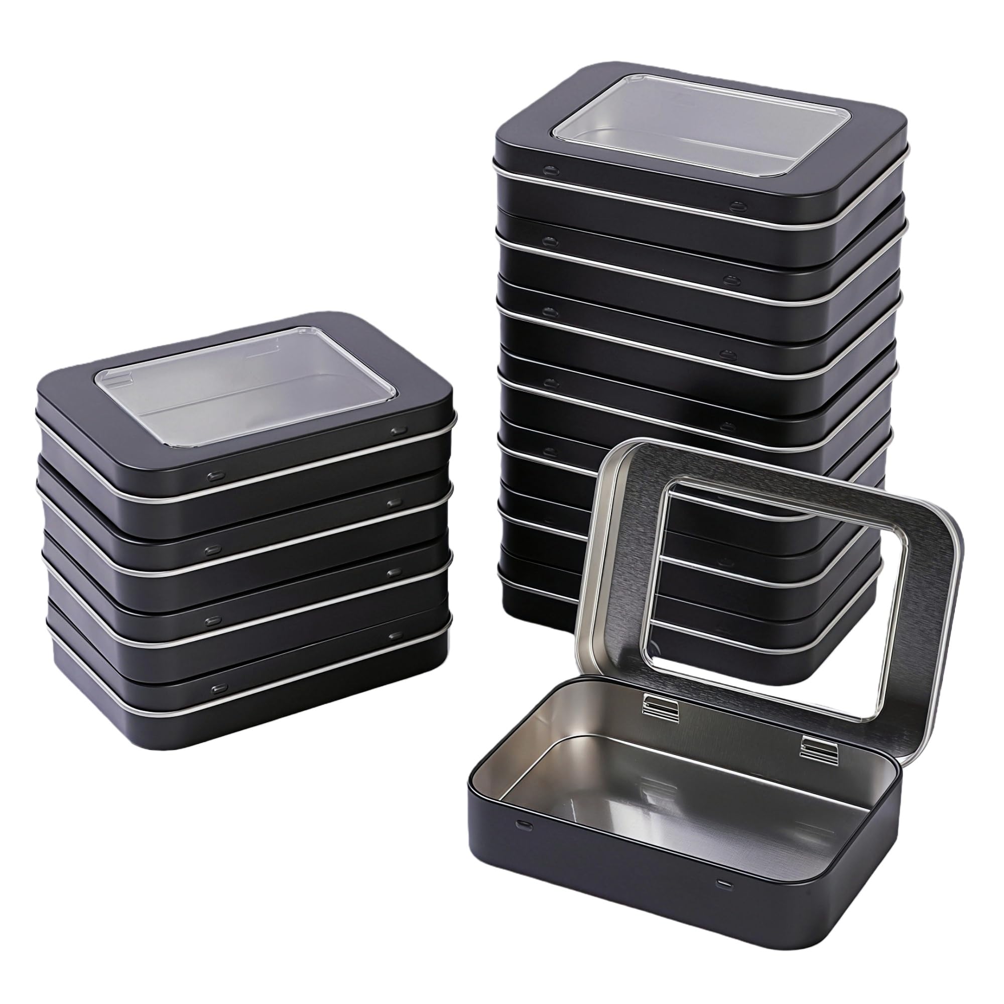LJY 12 Pack Black Mini Metal Tin with Hinged Lid and Clear Window 10 x 7 x 2 cm - Rectangular Small Storage Tin Box for DIY Crafts, Beads and Small Item Organiser Containers