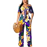 sexycherry Two Piece Outfits for Women Beach Bandage Crop Top Long Straight Pants Vacation Swimwear Cover Ups Sets