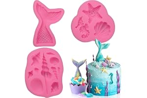SAKOLLA Mermaid Theme Silicone Fondant Mold - Mermaid Tail Seashell Starfish Hippocampus Conch Silicone Mold for Under The Sea Cake Decoration, Gum Paste, Polymer Clay, Cupcake Decor, Sugar Craft