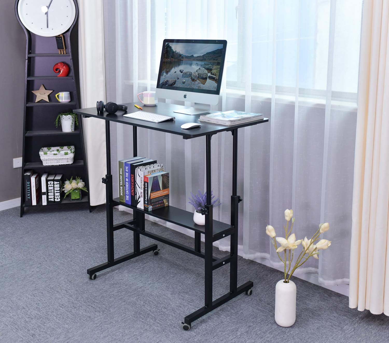 thumbnail image 2 of Stand Steady Adjustable Mobile Standing Desk On Wheels – Two Level Workstation, Black 2 of 4