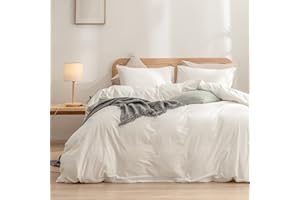 BESTOUCH Duvet Cover Set 100% Washed Cotton Linen Feel Super Soft Comfortable Chic Lightweight 3 PCs Home Bedding Set Solid Off White Queen