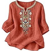 Embroidered Tops for Women Spring Summer Cotton Linen Boho Top V Neck 3/4 Puff Sleeve Mexican Peasant Blouses Tunic Shirts