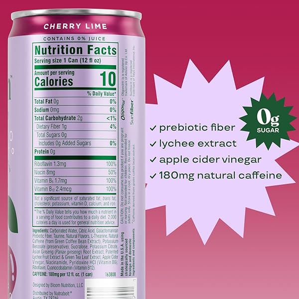 BLOOM NUTRITION SPARKLING ENERGY DRINK – NATURAL CAFFEINE, ZERO SUGAR, 180MG CAFFEINE – ANTIOXIDANT-RICH W/GREEN COFFEE BEAN, GREEN TEA EXTRACT, PREBIOTICS – CHERRY LIME – 12OZ 12 PK