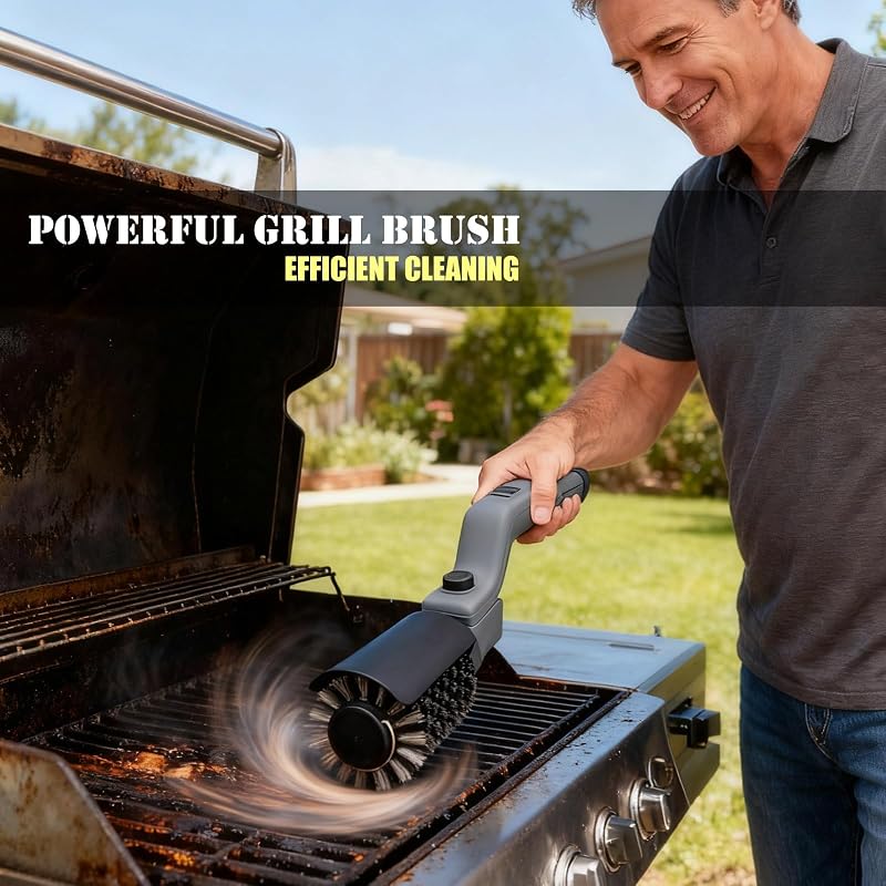 Elektrische Grillbürste Akkubetrieben – 180° Verstellbarer Kopf, 3-Stufen-Motor, 90 Min Laufzeit, Wasserdicht, Edelstahl & Nylon Bürstenköpfe für Grillrost, Smoker, Grillplatte (Grau)