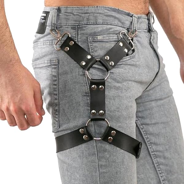 Amazon.com: Black Leather Thigh Leg Garter Caged Body Harness Adjustable  Waist Chain Belt for Women or Men Festival Rave Costume : Clothing, Shoes &  Jewelry