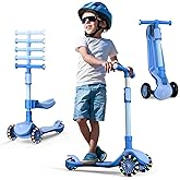 2-in-1 Adjustable Kick Scooter for Kids 3-5 (Suitable 3-12 Years),5-Level Handlebar & Removable Seat, LED Light-Up Wheels, Wide Deck, Foldable Design for Indoor/Outdoor Use - Girls & Boys