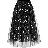 DRESSTELLS Sequin Tulle Skirts for Women Midi Long Aline Elastic High Waisted Wedding Party Skirt with Lining
