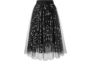 DRESSTELLS Sequin Midi Tulle Skirts for Women, Aline Elastic High Waist Long Christmas Party Skirt with Lining