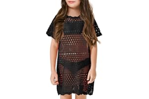 Batermoon Girls Swim Cover Up Crochet Bathing Suit Cover Ups Short Sleeve Summer Beach Dress 5-14 Years
