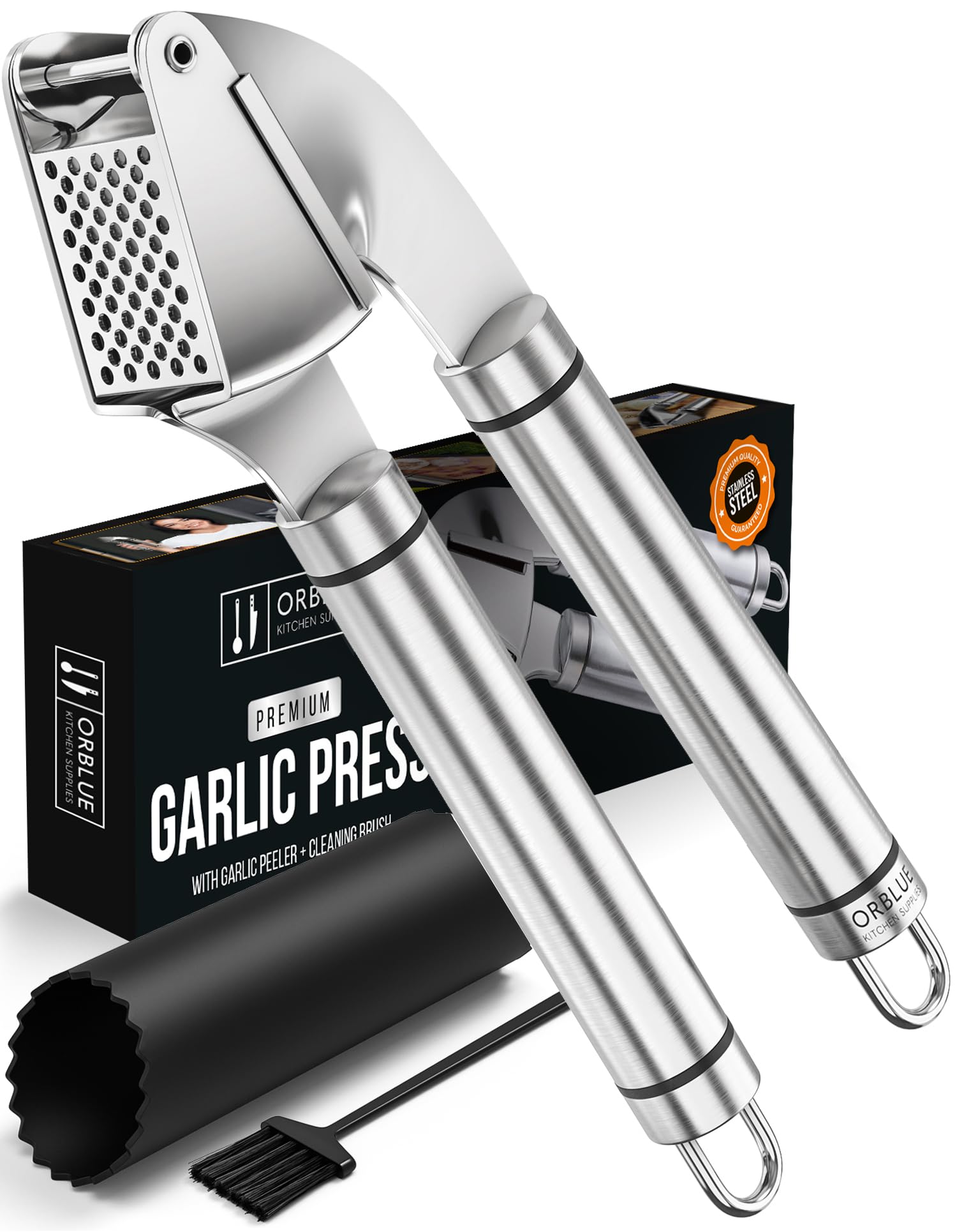 ORBLUE Garlic Press Stainless Steel Heavy Duty – Premium Garlic Crusher & Mincer with Silicone Garlic Peeler and Cleaning Brush – Easy-Clean Kitchen Gadget, Dishwasher Safe