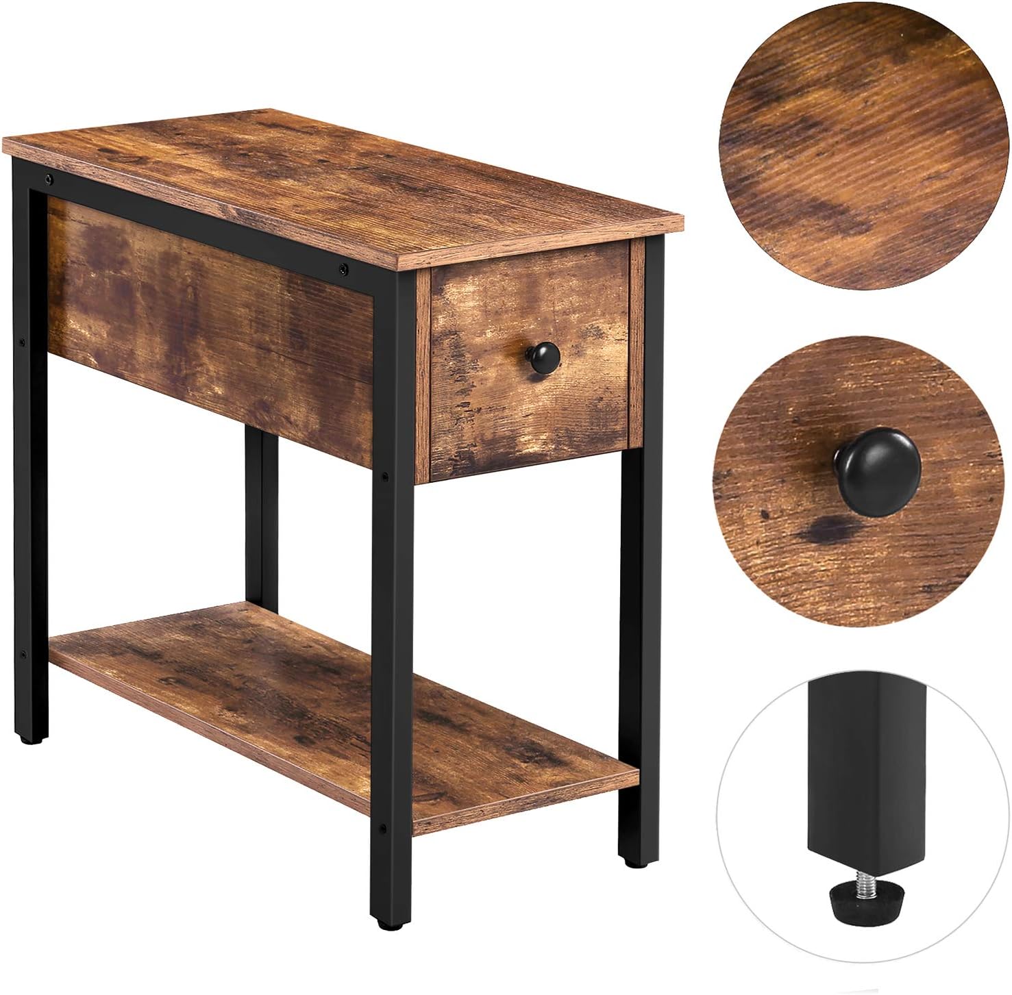 HOOBRO Side Table, 2-Tier Nightstand with Drawer, Narrow End Table for Small Spaces, Stable and Sturdy Construction, Wood Look Accent Furniture with Metal Frame, Rustic Brown and Black BF04BZ01: Kitchen & Dining
