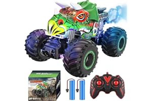 DESIVO Dinosaur Monster Truck Toys for Boys -Remote Control Dinosaur Monster Cars, All Terrain RC Car - Shark Dinosaur Monster Truck Spray Music Light for Birthday Christmas Kids 4-7 8-12