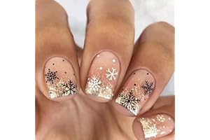 AROVFAM Christmas White Snowflake Press on Nails Short Square False Nails Christmas Black Snowing Fake Nails Gel Glue on Nails Glossy Gold Glitter Stick on Nails for New Years Gifts DIY 24 Pcs Merry Christmas