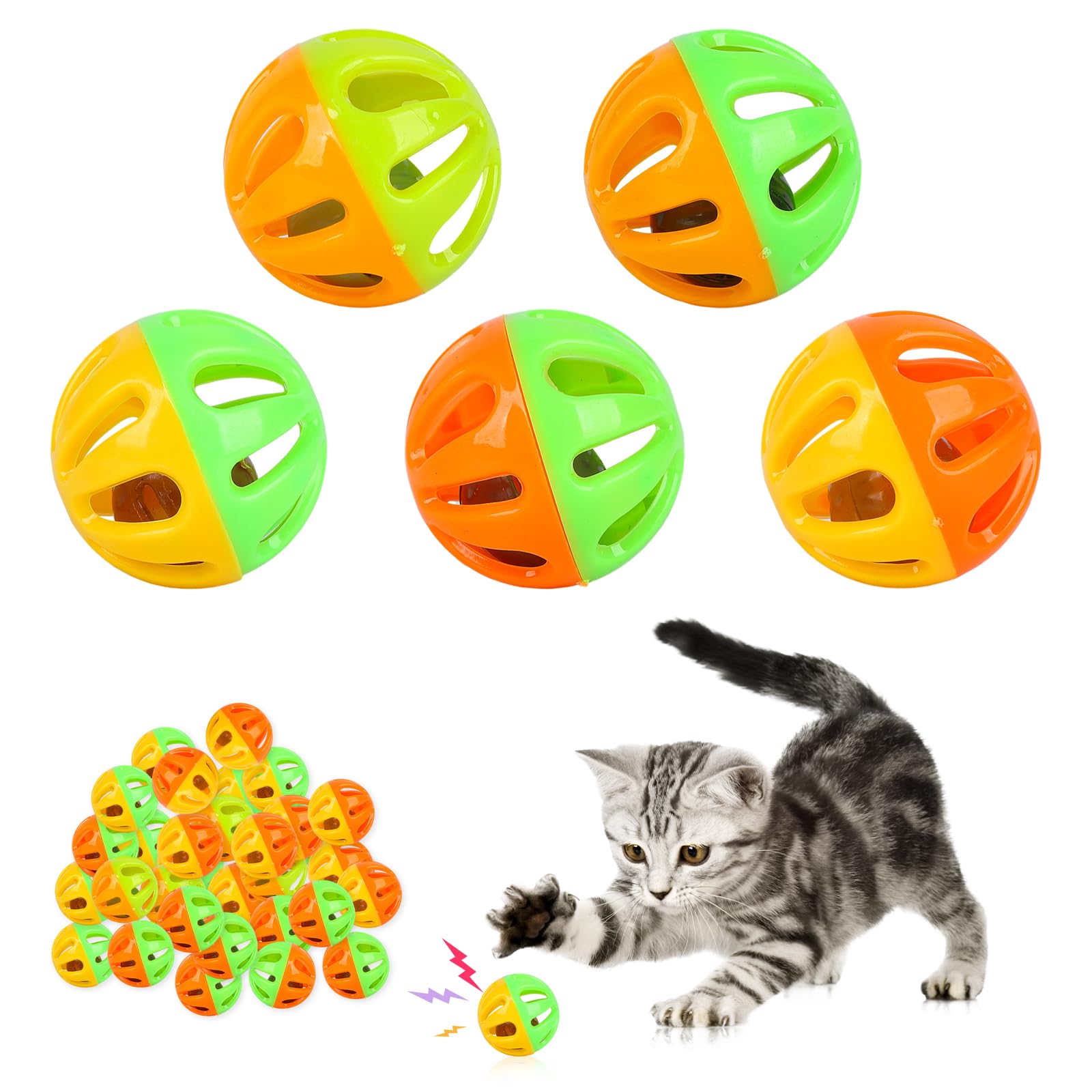Jodsen 24pcs Cat Toy Balls,Plastic Ball Cats Toys,Lattice Bell Ball with Bell Jingle Kitten Toy,Cat Play Balls for Indoor Kitten Pet Chase Pounce Rattle Play Toys,Random Color (24pcs)