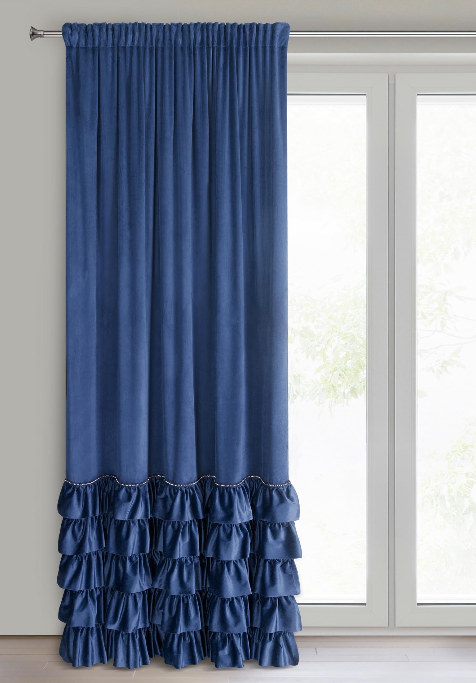 Eurofirany CARLI Velvet Curtain with Ruffle, Velvet Curtain with Ruffle Tape, 1 Piece, Opaque, Blackout, Exclusive Curtain for Living Room, Bedroom, 140 x 250 cm, Dark Blue