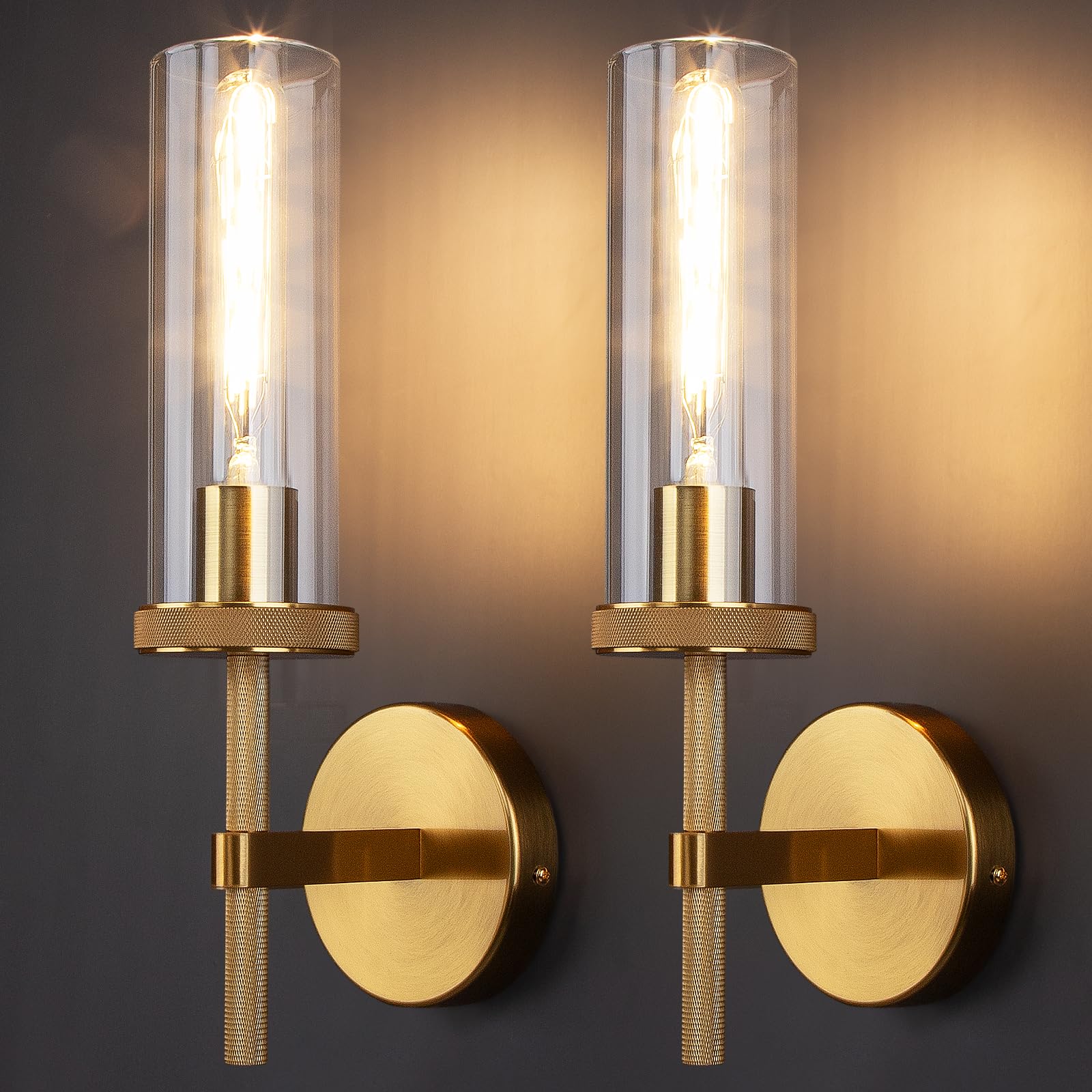 Photo 1 of 15" Knurled Gold Wall Sconces Set of 2, Bathroom Vanity Light Fixtures with Clear Glass Tube, Modern Lamp Lighting for Bedroom, Living Room, Hallway, Staircase, Mirror, Kitchen