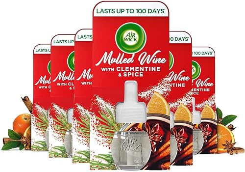 AirWick Plug in diffuser Air Freshener Refills, Mulled Wine, Pack of 6, Lasts utp 600 days (100 days per refill)