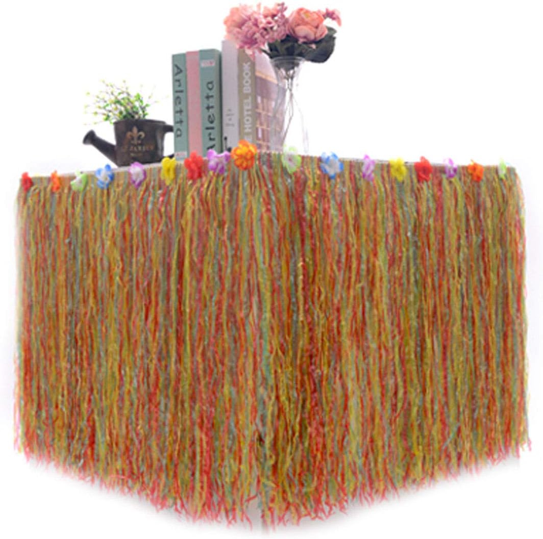 Huntfgold Hawaiian Luau Party Grass Skirt Table Fringe with Hula Hibiscus Flowers for Indoor & Outdoor Decorations (Colorful)
