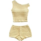 SOLY HUX Women's Summer 2 Piece Outfits Off The Shoulder Sleeveless Crop Top and Shorts Vacation Set