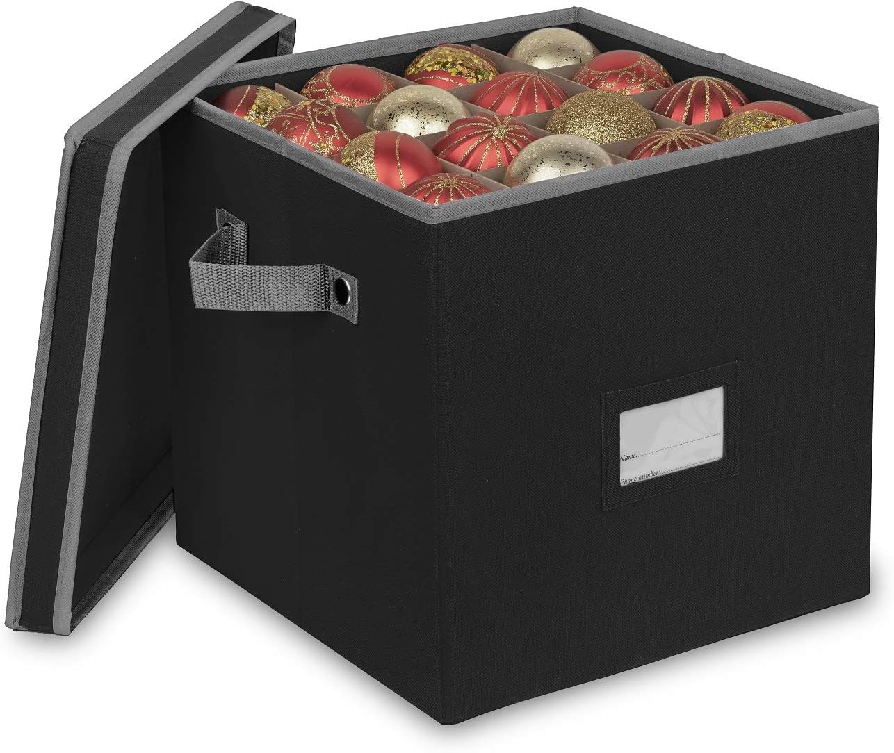 Holiday Décor Storage - Christmas Ornament Storage Box Fits up to 64 Xmas Ornaments Balls, Holiday Decorations Accessories Storage Container, Constructed of Durable 600D Oxford, Organizer has 4 Layers with Dividers (Black)