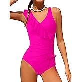 NAPU Girls Swimsuit Ruffle V Neck One Piece Swimsuits Ruched Solid Bathing Suit for Girls Quick Dry Beach Swimwear 9-16 Years