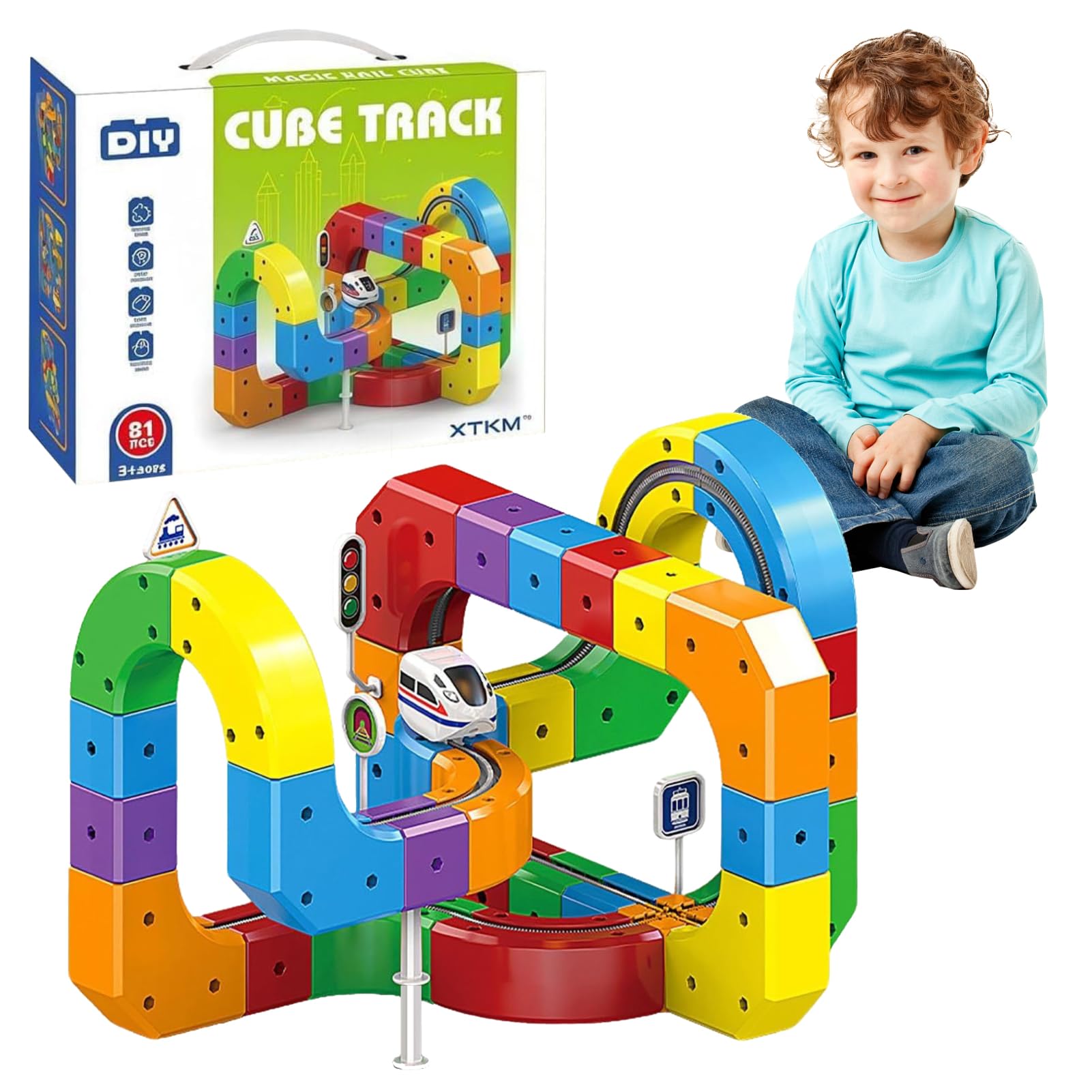 Clickrail Electric Train Set, Magic Rail Cube Train Set with Gravity-Defying Motorized Car DIY Cube Stem Building Car Track Toys for Kids Boys Girls Gift (81Pcs)