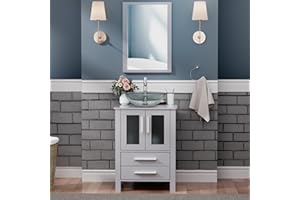 UEV 24" Grey Bathroom Vanity with Tempered Glass Vessel Sink, ORB Faucet and high-Definition Mirror Combo, Soft Closing Drawers/Doors (A16)