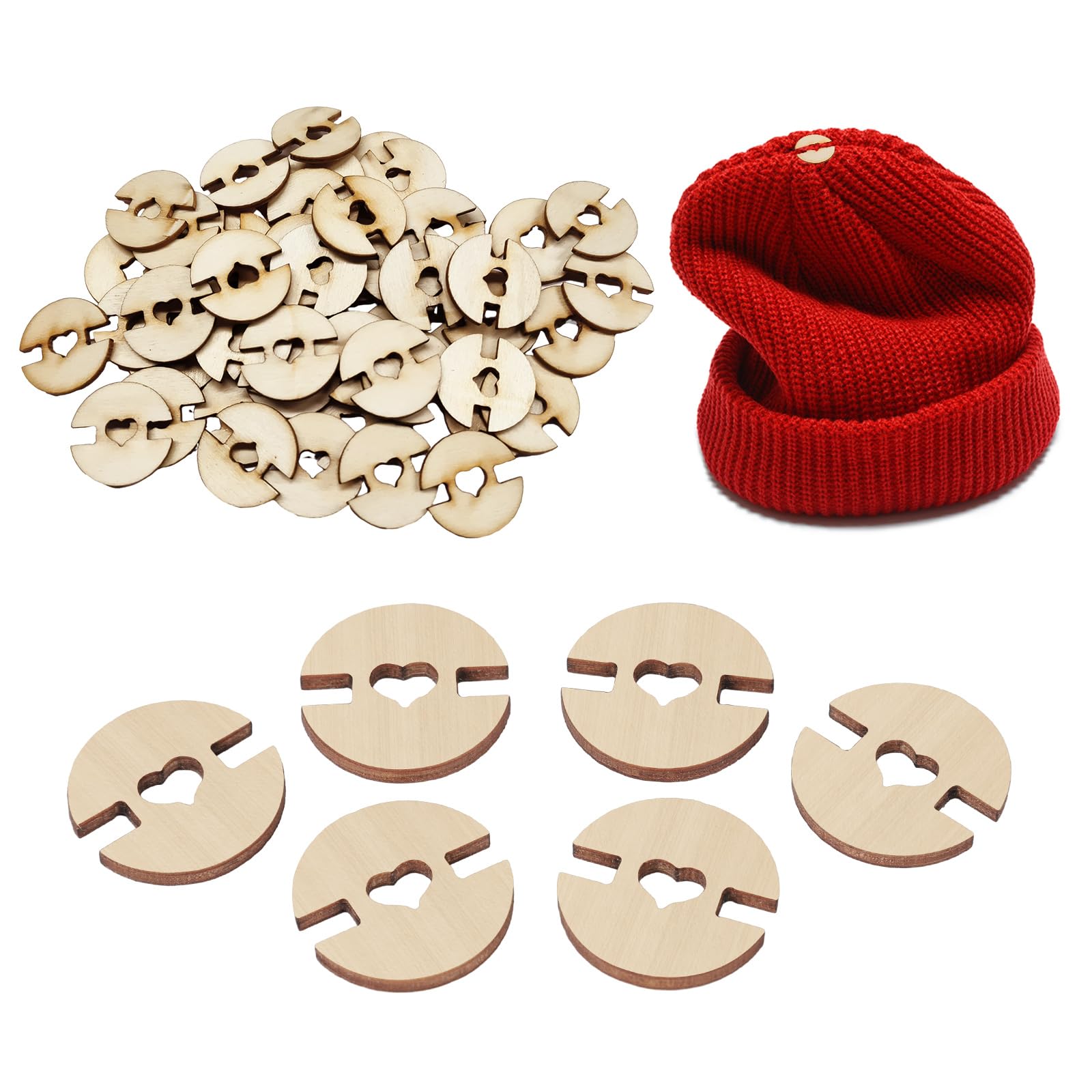 100pcs Pom Poms Buttons for Hats, Handmade Wooden Buttons Removable Love Button Faux Fur Hat Pom Pom Holder Keepers Fastener for Knitting Sewing Crafting Beanies Caps DIY Craft Decoration