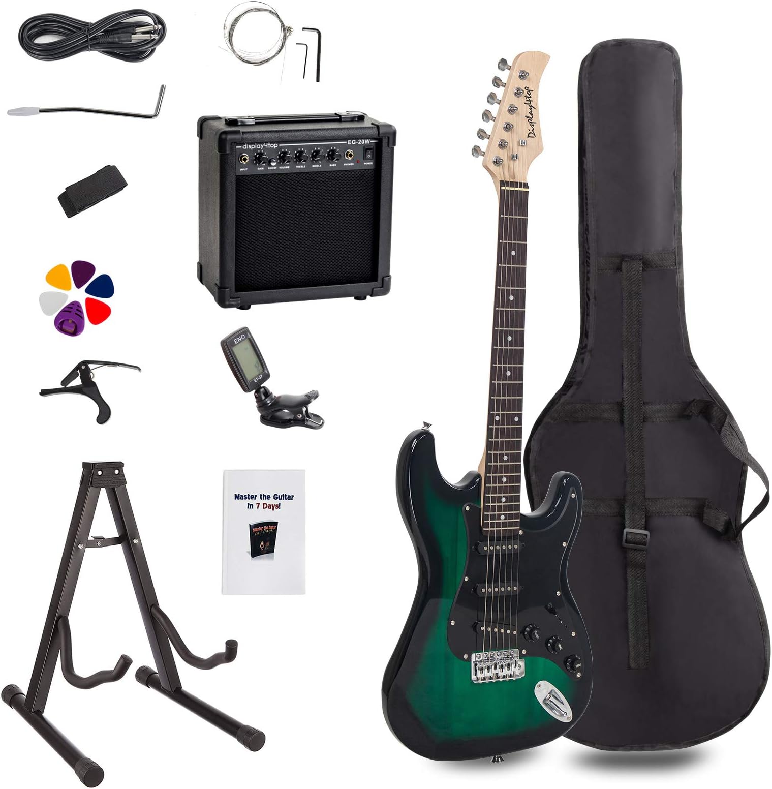 Display4top Full-Size Electric Guitar Most complete Beginner Super Kit Package(Green)